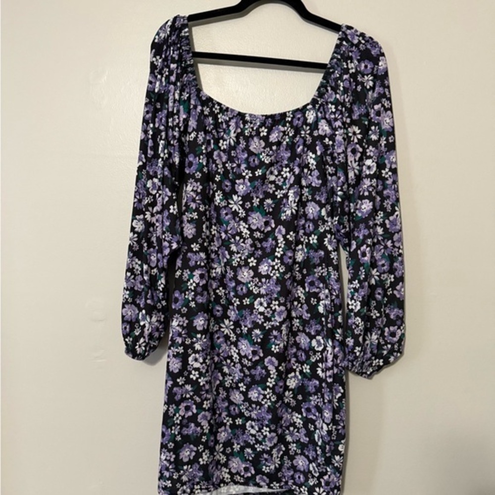 Floral Midi Dress – Purple, Black & White | Long Sleeve Bishop Style Size 14